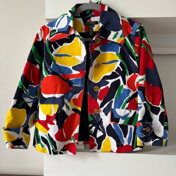 Lauren Ralph Lauren Jackets & Blazers - Lauren Ralph Lauren Collared Watercolor Floral Primary Colorful Canvas Jacket